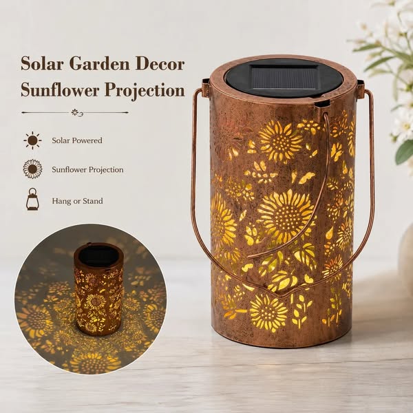 Solar Ambient Glow Hanging Freestanding Lantern Rustic Antique Copper Iron Garden Decorations with Sunflower Pattern