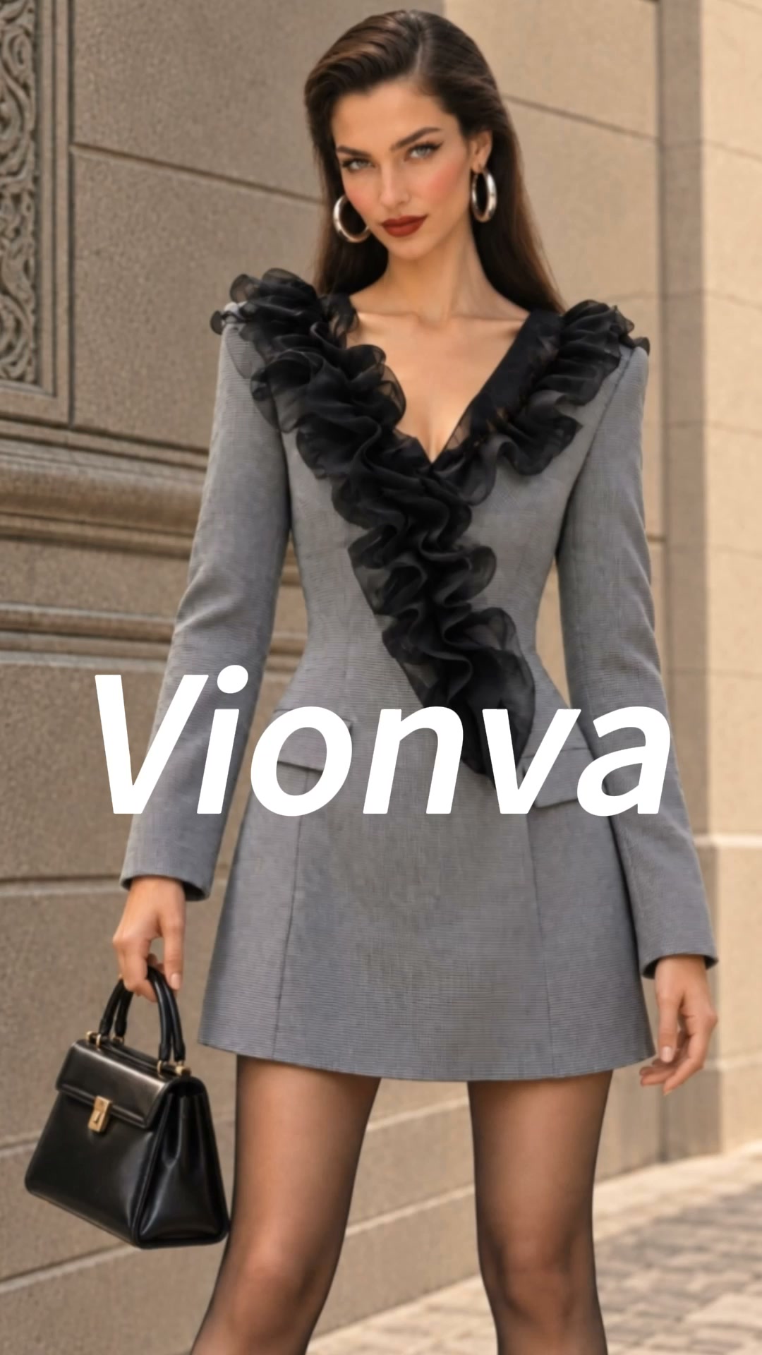 Elegant Stand Collar Wool Mini Dress