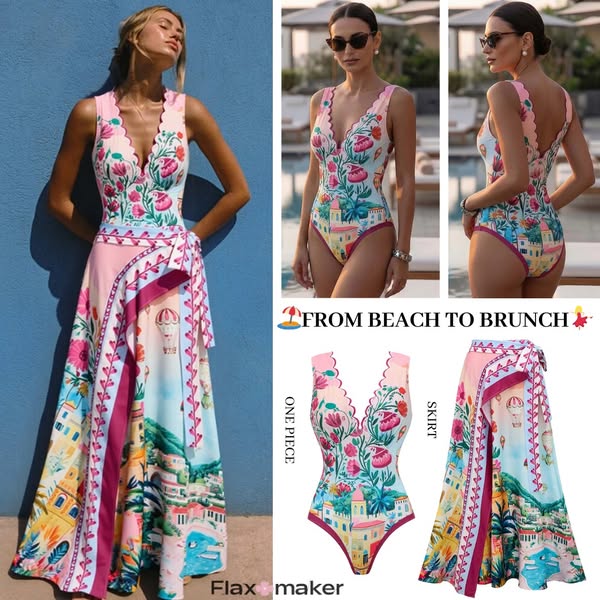 Scallop Cut Neck One Piece Swimsuit and Skirt Swimsuit and skirt-L