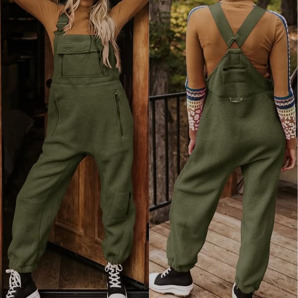Women's Fleece Thermal Overalls With Zippered Pockets