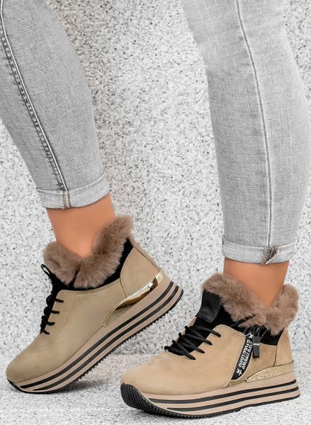 Ciemnobeżowe Sznurowane Botki Sneakersy z Futerkiem Artaria