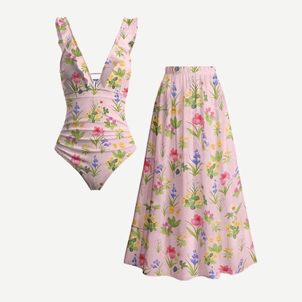Delicate Blossom Ruffled V Neck One Piece Swimsuit and Matching Midi Skirt Set$65.99