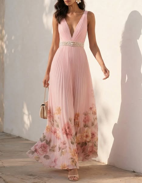 Pink Chiffon Printed Deep V-neck Maxi Dress Pink-22