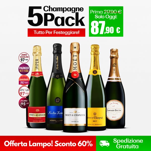 5x750ml: Veuve Clicquot Brut, Moët Impérial, Bollinger Special Cuvée, Mumm Cordon Rouge e Ruinart Brut