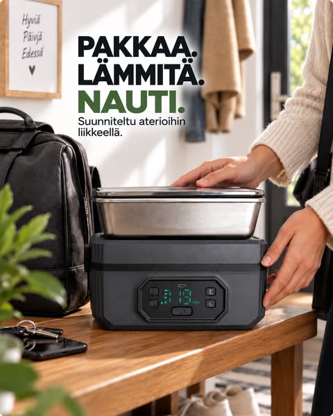 Kuuma, kotona valmistettu ateria missä tahansa — ilman pistorasiaa, ilman mikroa, ilman säätöä.