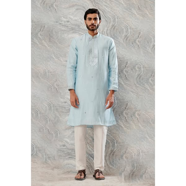 ₹9,799 | Powder Blue Cotton Silk Mirror Work Kurta Set with Trousers