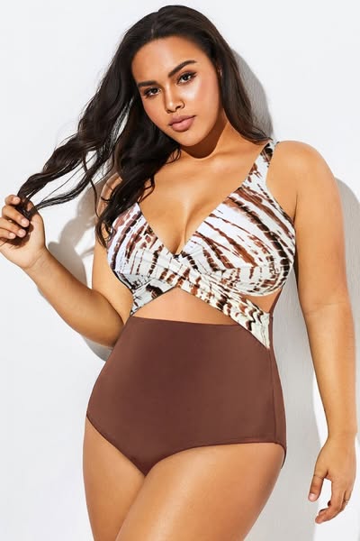Plus Size Contrast Print Underwire One Piece Swimsuit