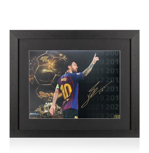 Lionel Messi Signed Ballon d'Or Montage Photo In Black Wooden Frame