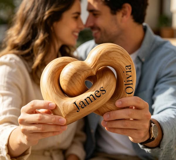 Interlocking Wooden Hearts Ornament, Engraved Couple Names
