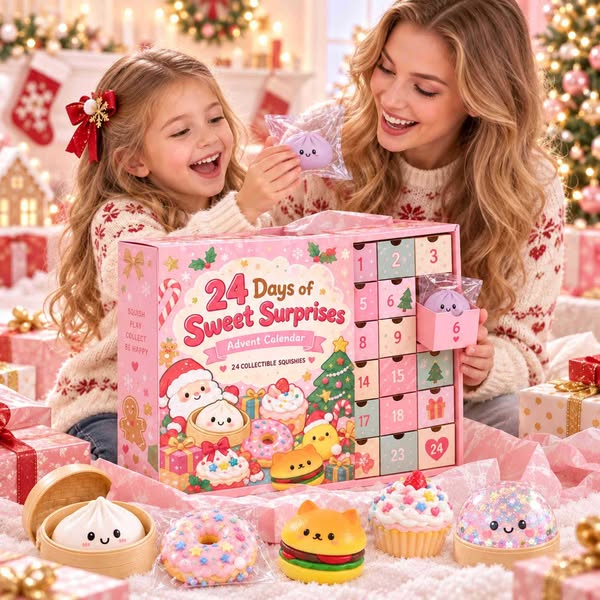 24-Day Christmas Squishy Advent Calendar, 24 Random Dessert Mystery Squishies, Cute Collectible Countdown Toys, Holiday Gift for Girls, Kids