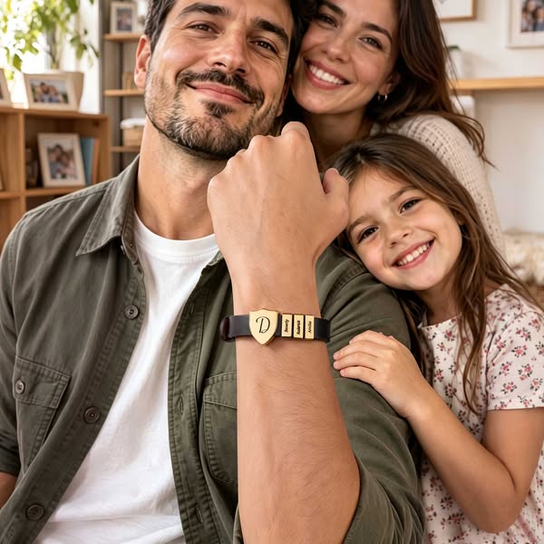 Personalized Shield Bracelet with Name, PU Leather Adjustable Jewelry, Sentimental Family Bracelet, Father's Day/Birthday Gift for Dad/Husba