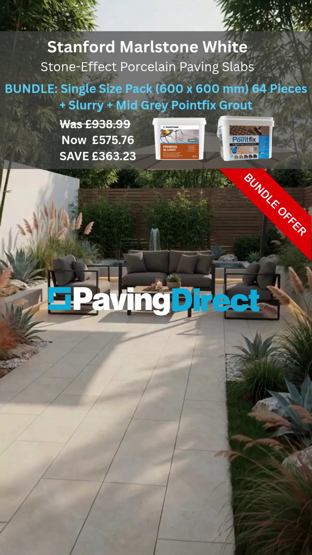 BUNDLE OFFER – Stanford Marlstone White Porcelain Paving + Slurry + Mid Grey Pointfix Grout