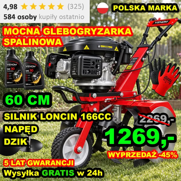 MEGA WYPRZEDAŻ VENOM Glebogryzarka spalinowa DZIK 166cc LONCIN szerokość 60 cm talerze stabilizujące i wysyłka GRATIS w 24h