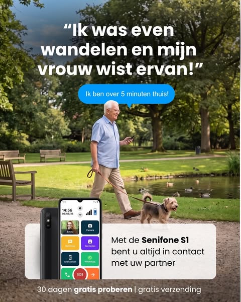 Opa belt zijn vrouw als hij even aan het wandelen is
