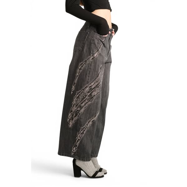 Jeans Dakota barrel wide leg in denim nero con strass