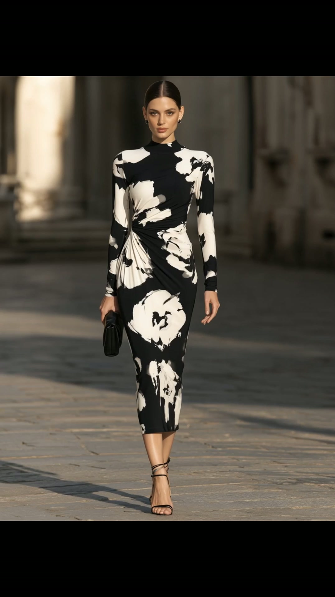 Abstract Floral Ruched Mock-Neck Long Sleeve Midi Dress | 10% OFF