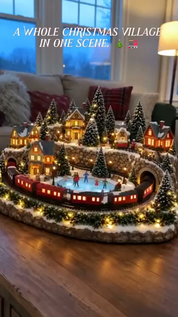 Another flat wreath on the door? Cute. Guests forget it in 3 seconds. This little village? They lean in and go “wait… is the train movi