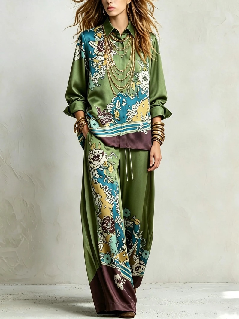 Completo boho verde a stampa floreale