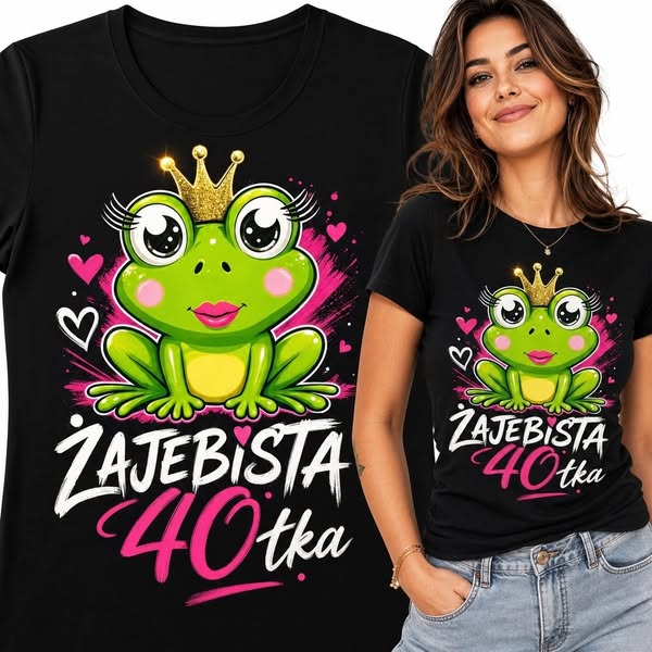Koszulka damska na 40 urodziny z żabą-księżniczką „Żajebista 40'tka” - humorystyczny nadruk (Rozmiar: XL)