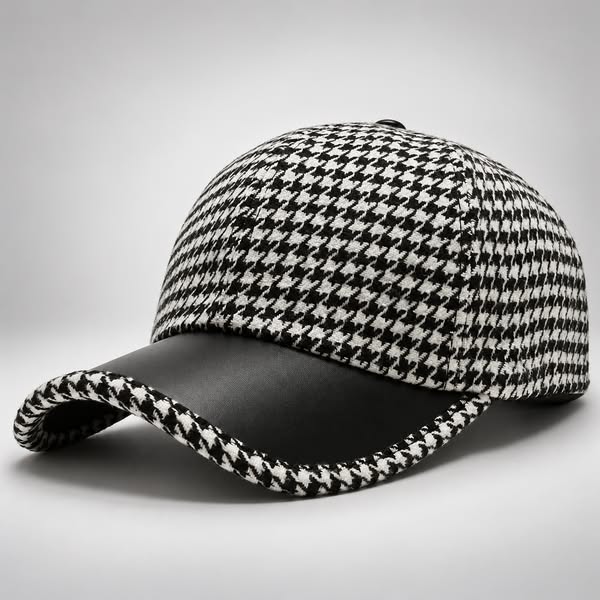 Houndstooth Leather Cap