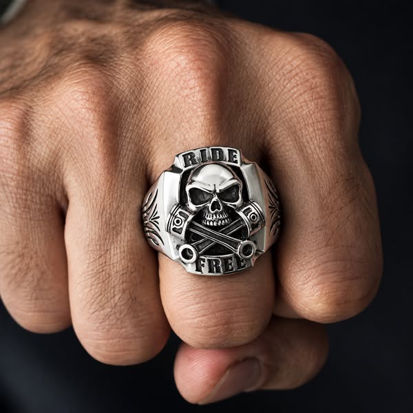Gothic Ride Free Skull Piston Stainless Steel Ring | Heavy Metal Biker Band | Secure Checkout | Tracked Shipping | 7-Day Easy Returns – Shir