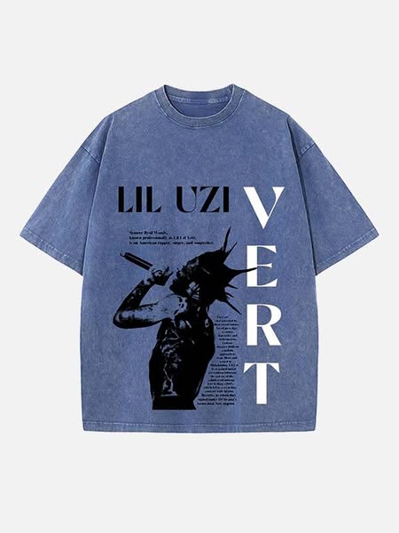 Lil Uzi Vert Print Round Neck T-shirt Blue-S