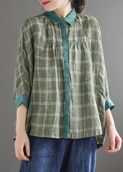 Green Plaid Patchwork Shirt Tops Three Quarter sleeve red-L(Fit for EU 42-44, US 10-12, UK/AU 14-16, IT 46-48)