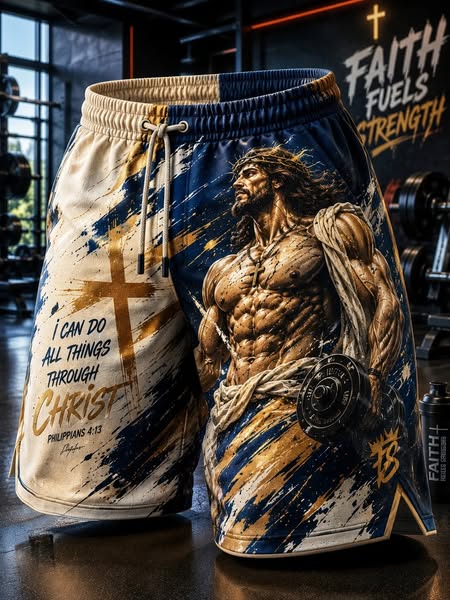 Men's Jesus Dumbbell Philippians 4:13 Scripture Cross Art Print Casual Shorts