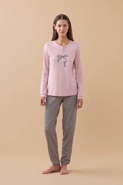 Pigiama donna invernale in caldo cotone articolo Pied de Poule. - Rosa - L