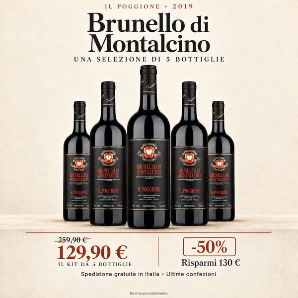 Set da 5 bottiglie di vino rosso: Il Poggione Brunello di Montalcino, 5 × 750 ml