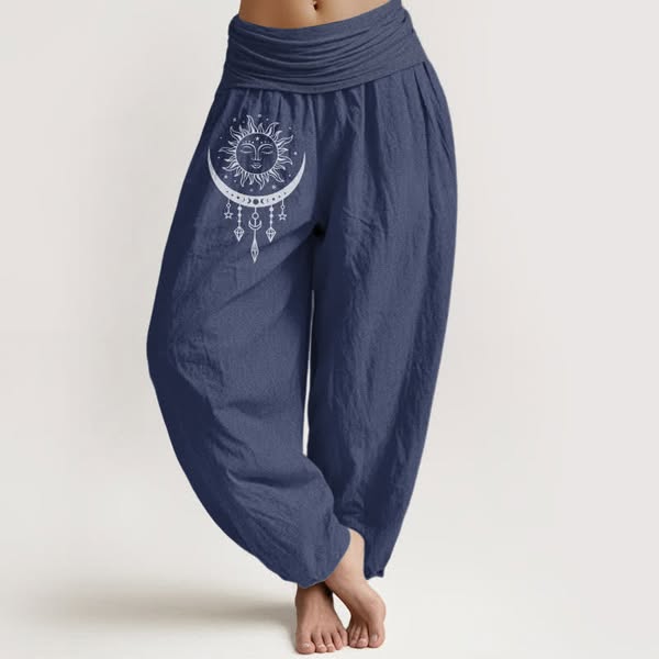 Buddha Stones Pure Cotton Sun Moon Star Tassel Pattern Women's Elastic Waist Harem Pants