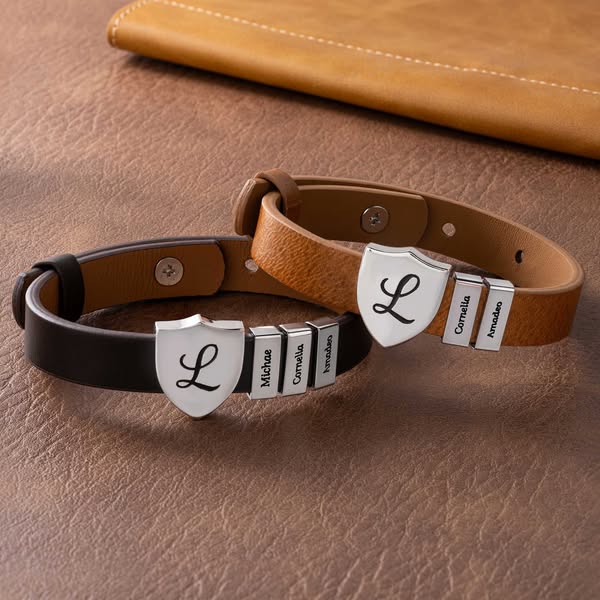 Personalized Shield Bracelet with Name, PU Leather Adjustable Jewelry, Sentimental Family Bracelet, Father's Day/Birthday Gift for Dad/Husba