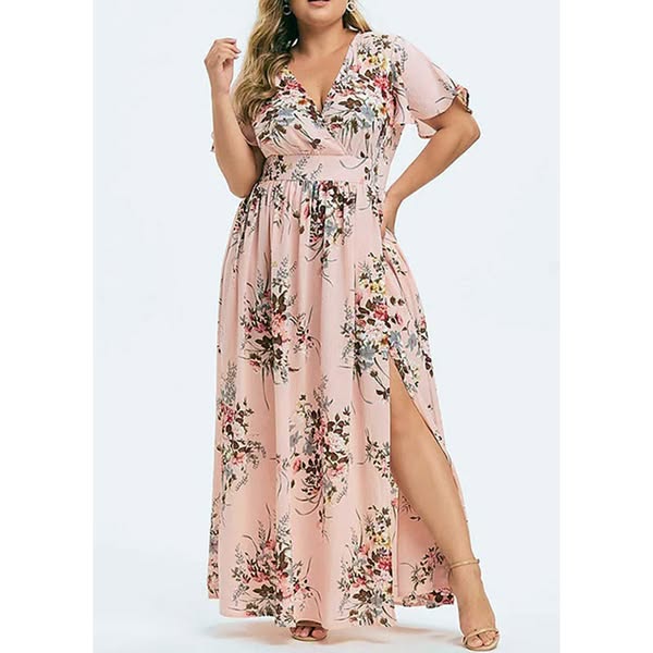 Loose Pink Print Tunic Chiffon Maxi Dress Summer