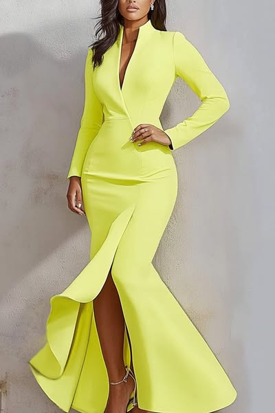 Party Semi-Formal Dress Yellow V Neck Mermaid Maxi Dress