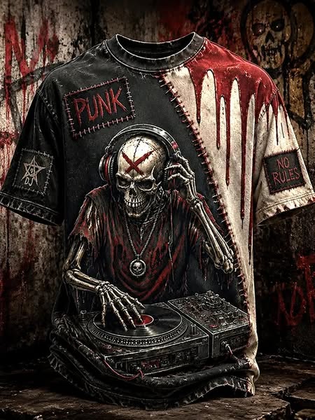 Men's Punk Style Skeleton DJ Graphic Print Casual T-Shirt