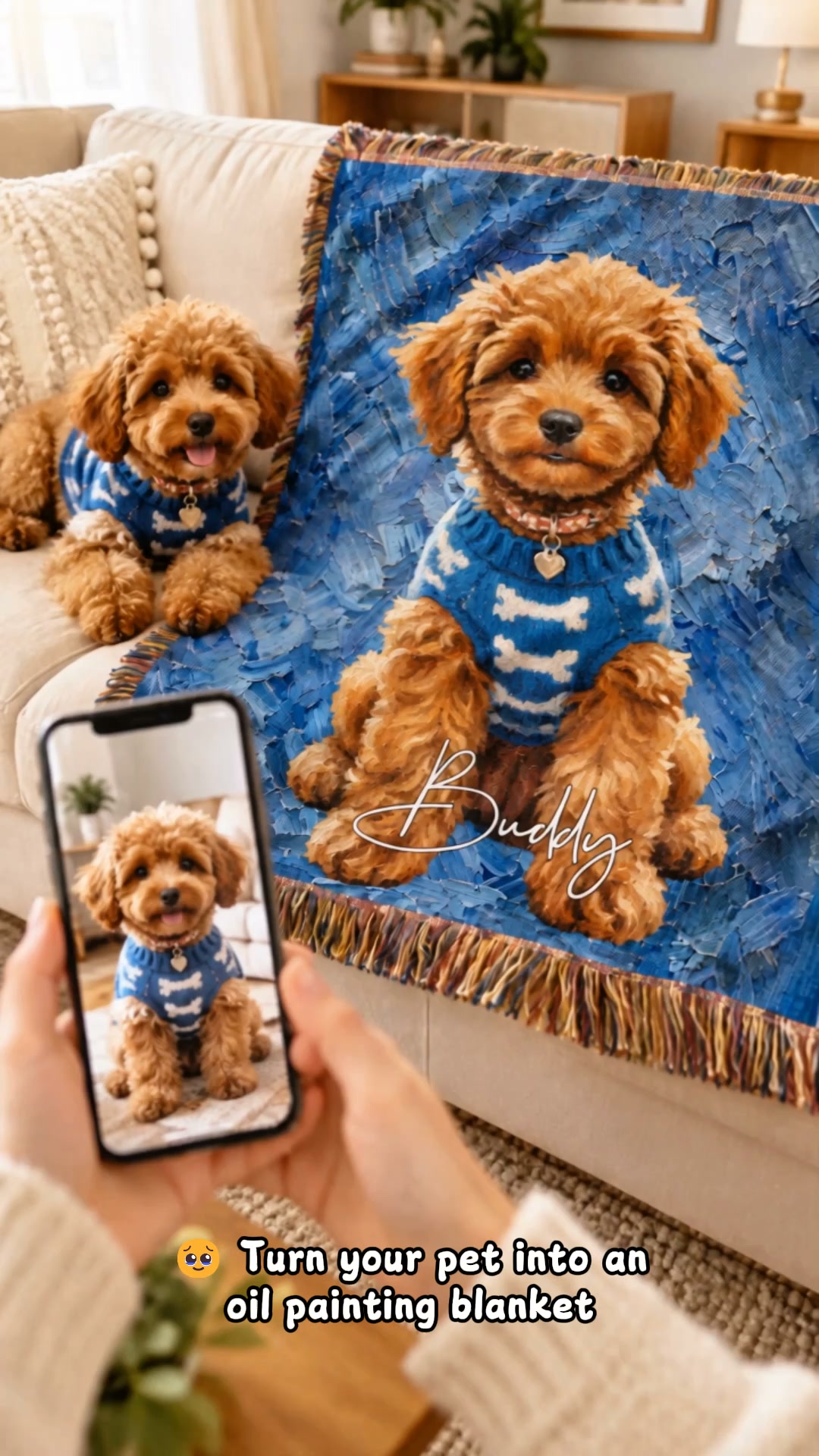 Personalized Pet Oil Painting Photo Tassel Soft Throw Blanket with Name Home Decor Birthday Gift for Pet Lover