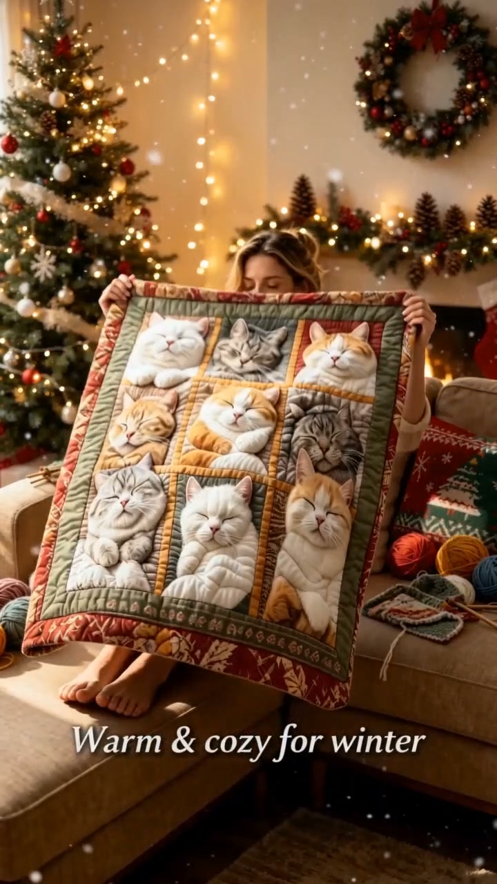 LAST DAY SALE: £9.99!! Cozy 9‑Panel Sleeping Cats Blanket – Ultra‑Soft Flannel, Reversible Design, Perfect for Sofa, Bed & Travel