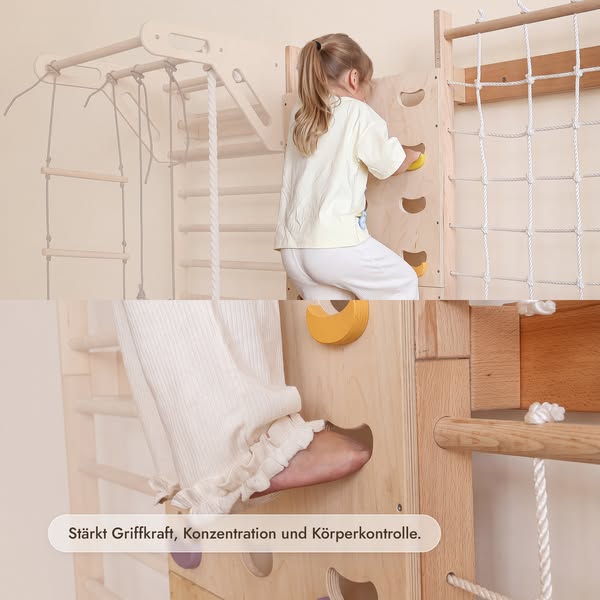 7-in-1 Kletterwand fürs Kinderzimmer mit Sprossenwand, Kletternetz, Klimmzugstange & (3in1) Kinderschaukel-Set
