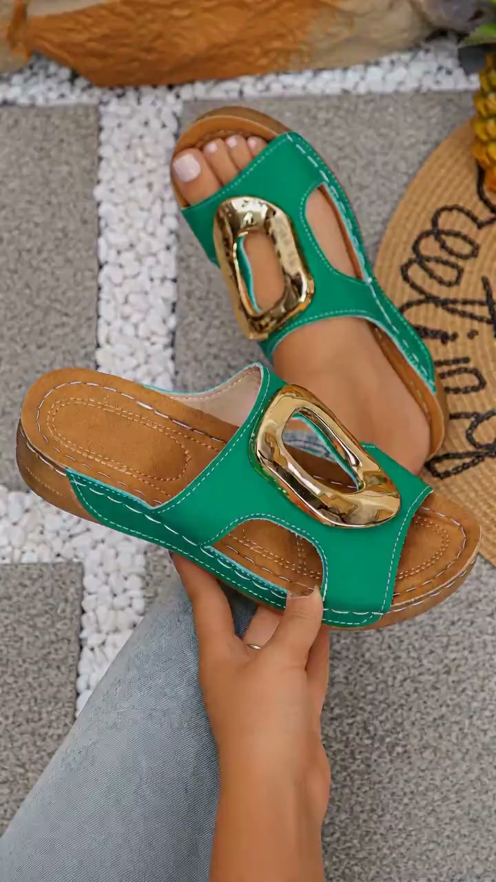 Gold Buckle Wedge Slides