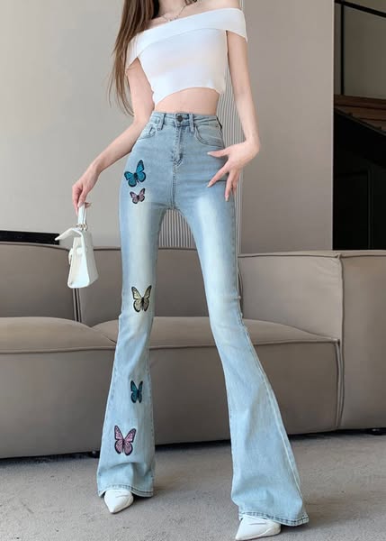 Slim Fit Blue Embroideried Flared Trousers Summer S(Fit for EU 38-40, US 6-8, UK/AU 10-12, IT 42-44)