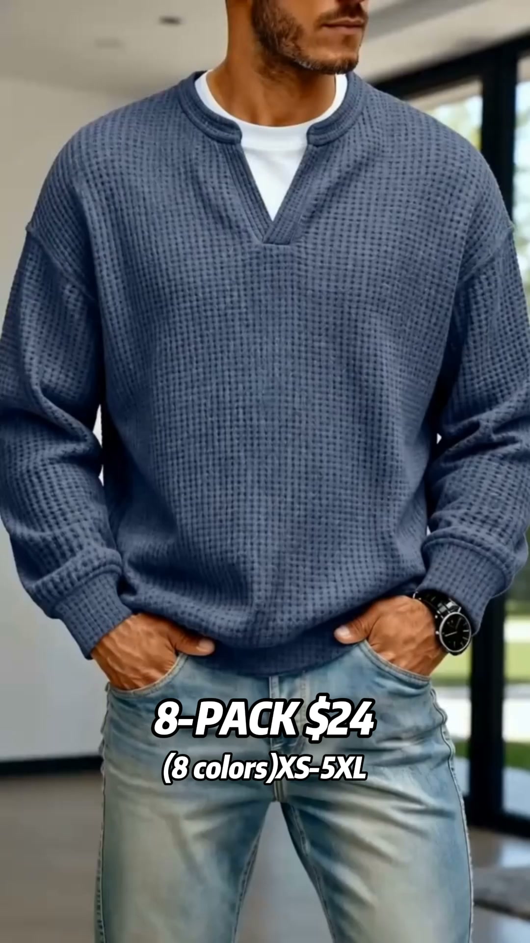Men's long-sleeved Henley collar polo shirt