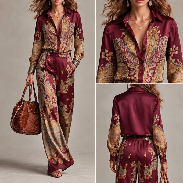 Conjunto satinado cachemire con pantalón ancho