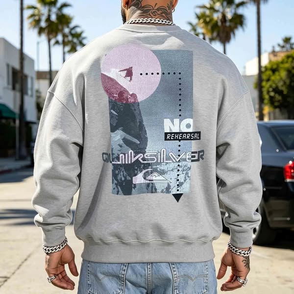 Men's Vintage 90s Surfing Print Crew Neck Sweatshirt Flower ash-XL