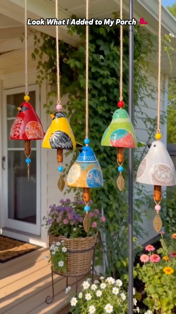 Hand-Painted Resin Bird Wind Chime, Colorful Folk Art Garden Hanging Decor