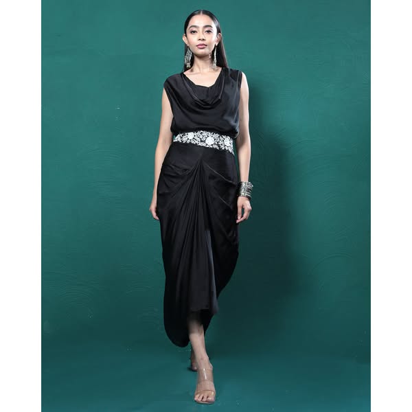 Elite Black Cowl Crop Top & Skirt Set