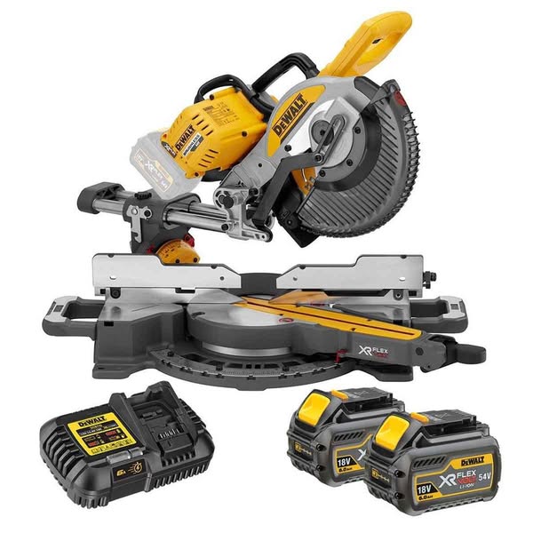 DeWalt DCS727T2-GB 54V XR FlexVolt 250mm Mitre Saw with 2x 6.0Ah Batteries, Charger and 36T Blade | By Toolden