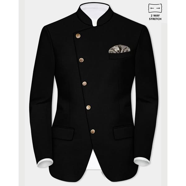 Just $165.66 | JADE BLACK Stretchable Subtle Sheen CROSS PLACKET BANDHGALA/MANDARIN BLAZER