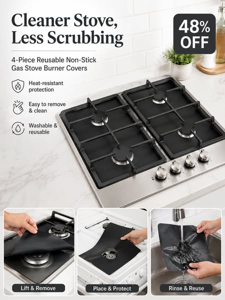 4-Piece Reusable Non-Stick Gas Stove Burner Covers – Heat-Resistant & Washable