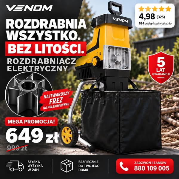 MEGA WYPRZEDAŻ VENOM Rozdrabniacz elektryczny 2800W do grubych gałęzi 44 mm 2×60 L i wysyłka GRATIS w 24h