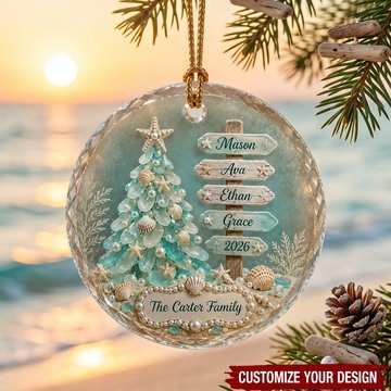 Sea Glass Christmas Tree Ornament, Personalized Name Signpost Bauble